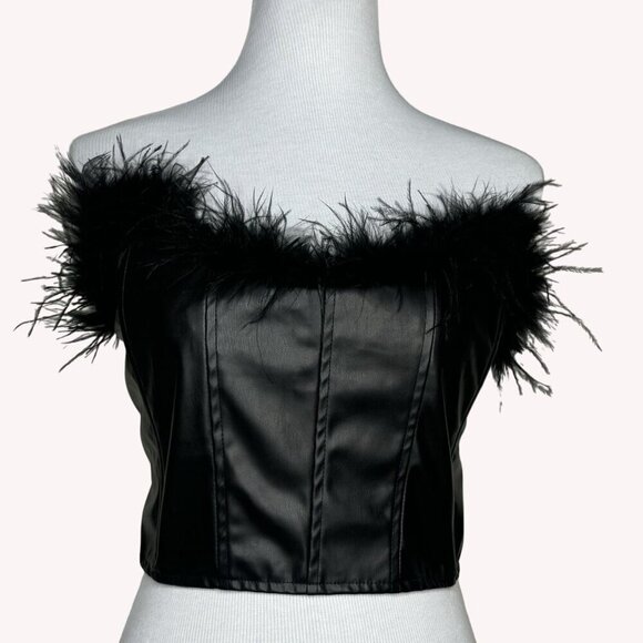 Windsor Marabou Feather Faux Leather Corset Top Strapless Womens L Rocker Edgy - Picture 2 of 9